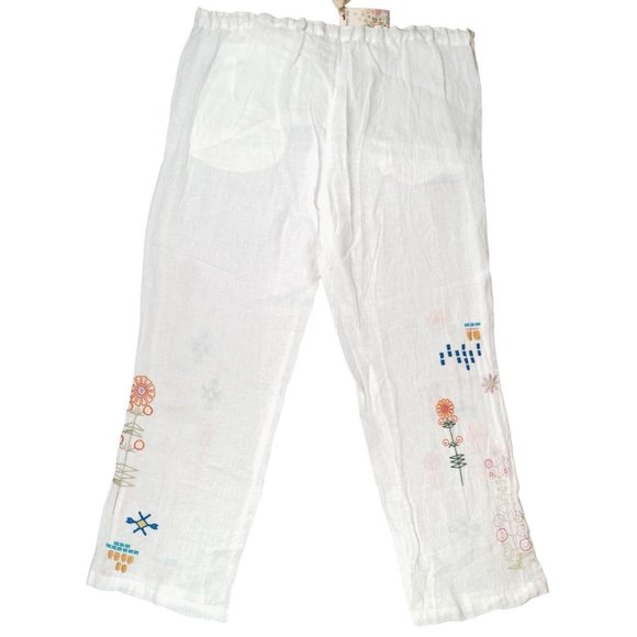 Johnny Was Embroidered Pants BIYA Elektra Large White Linen Drawstring B63422-2 - Picture 2 of 11